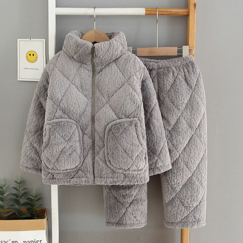 儿童睡衣男童女童冬季加厚款珊瑚绒三层夹棉亲子法兰绒家居服套装