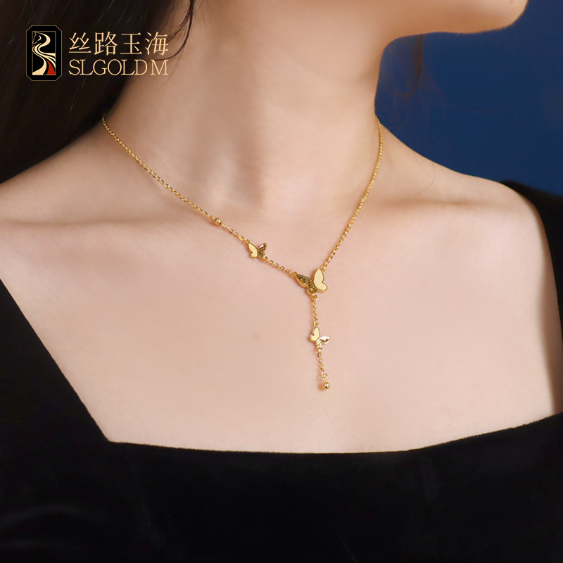 丝路玉海蝴蝶项链足金999轻奢时尚百搭法式小众坠链精致黄金