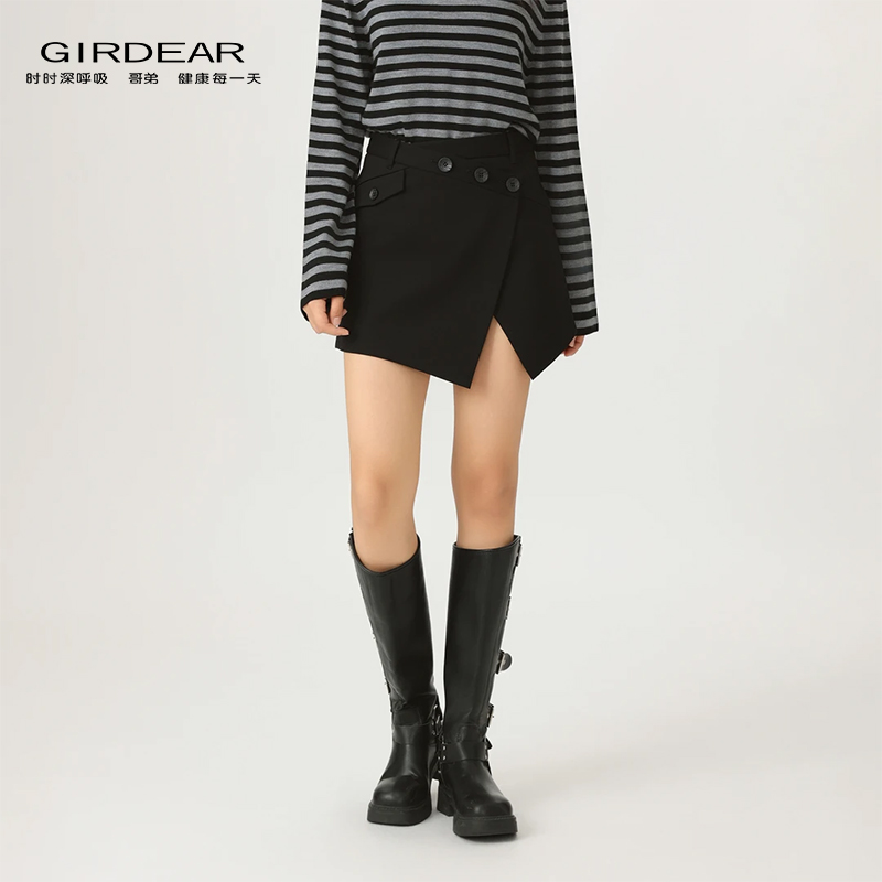 GIRDEAR/哥弟「巴黎课间」秋季气质开叉时尚高腰短裙半身裙 120046