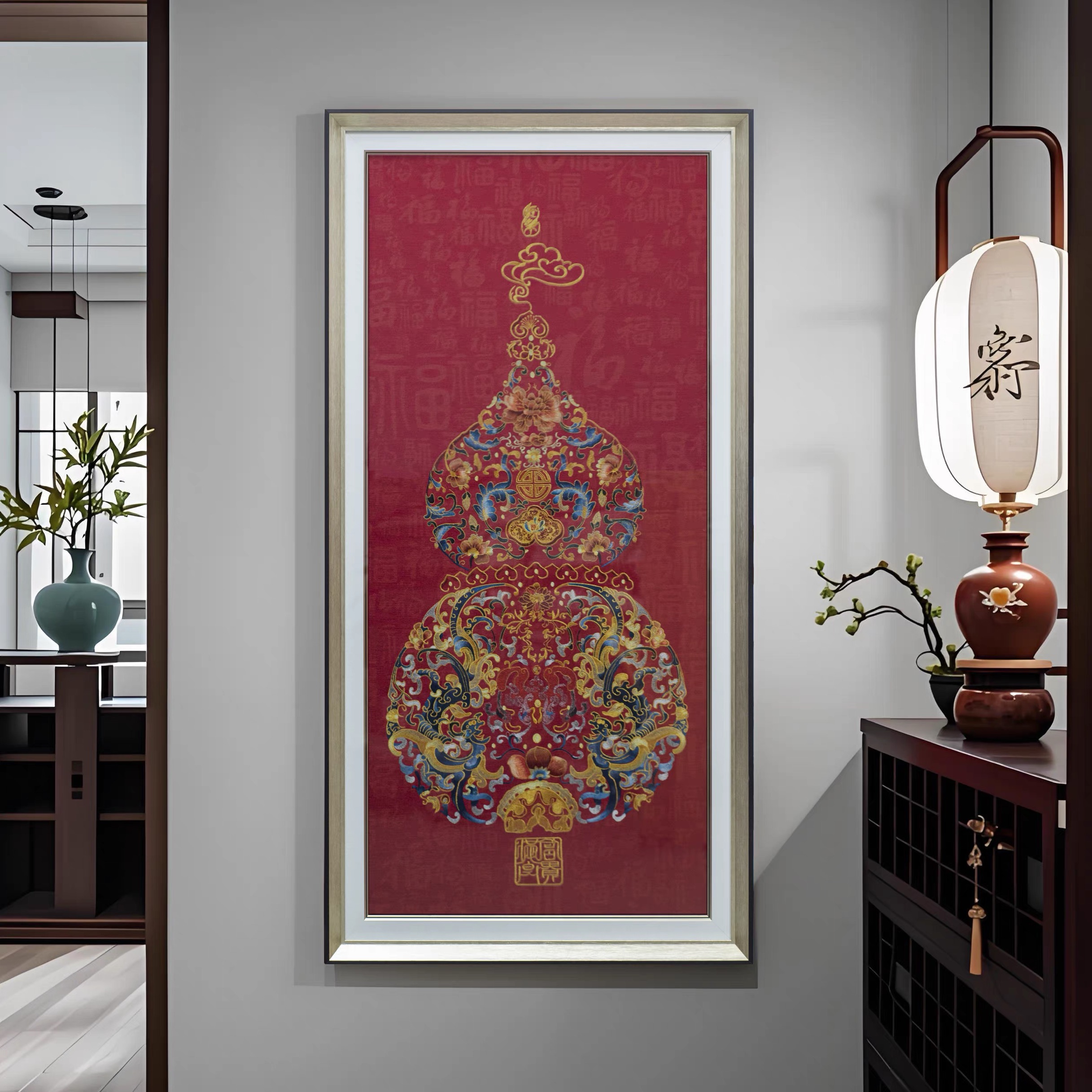 玄关装饰画 钢化玻璃 新中式走廊过道竖版挂画刺绣葫芦80160