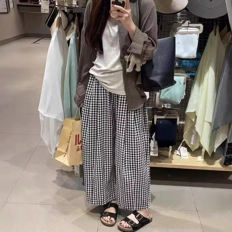 遛弯神裤~孕妇百搭格纹休闲裤女2025夏新款九分宽松阔腿奶奶裤