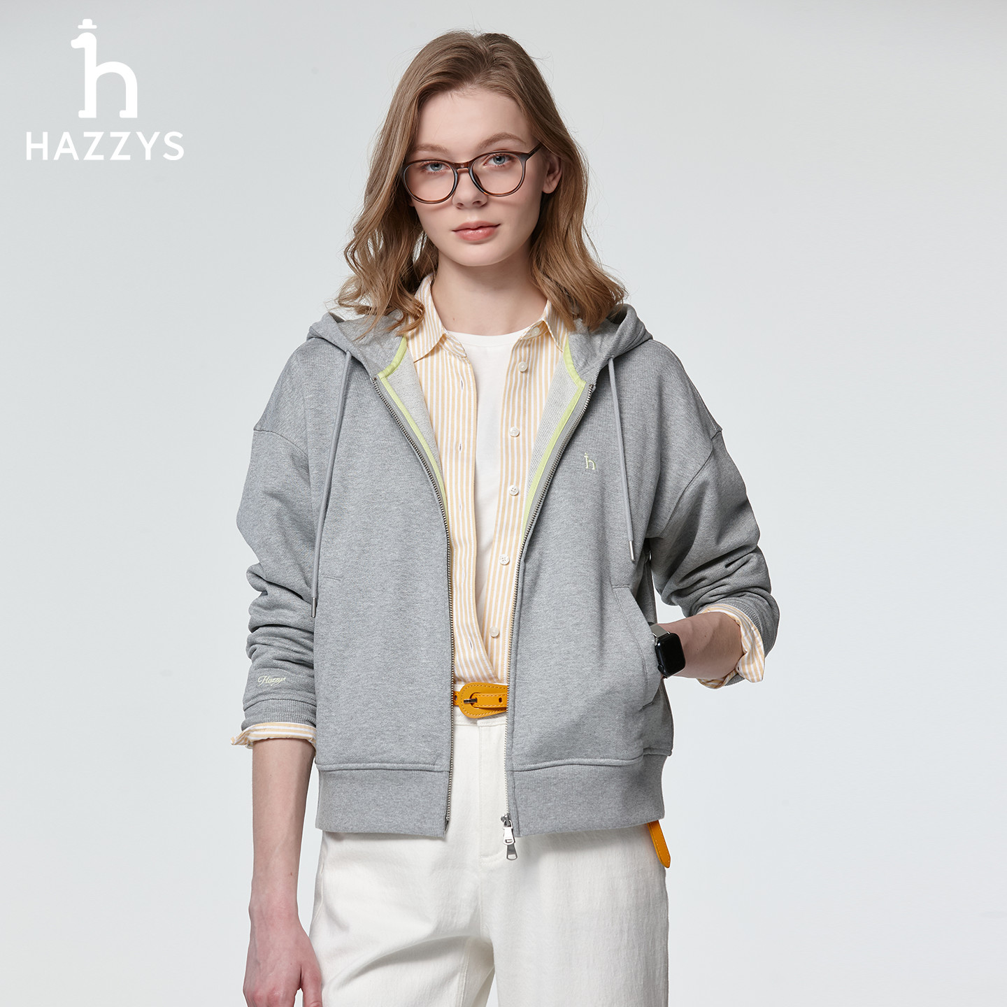 HAZZYS哈吉斯春季女士时尚休闲拉链卫衣开衫连帽外套宽松落肩款