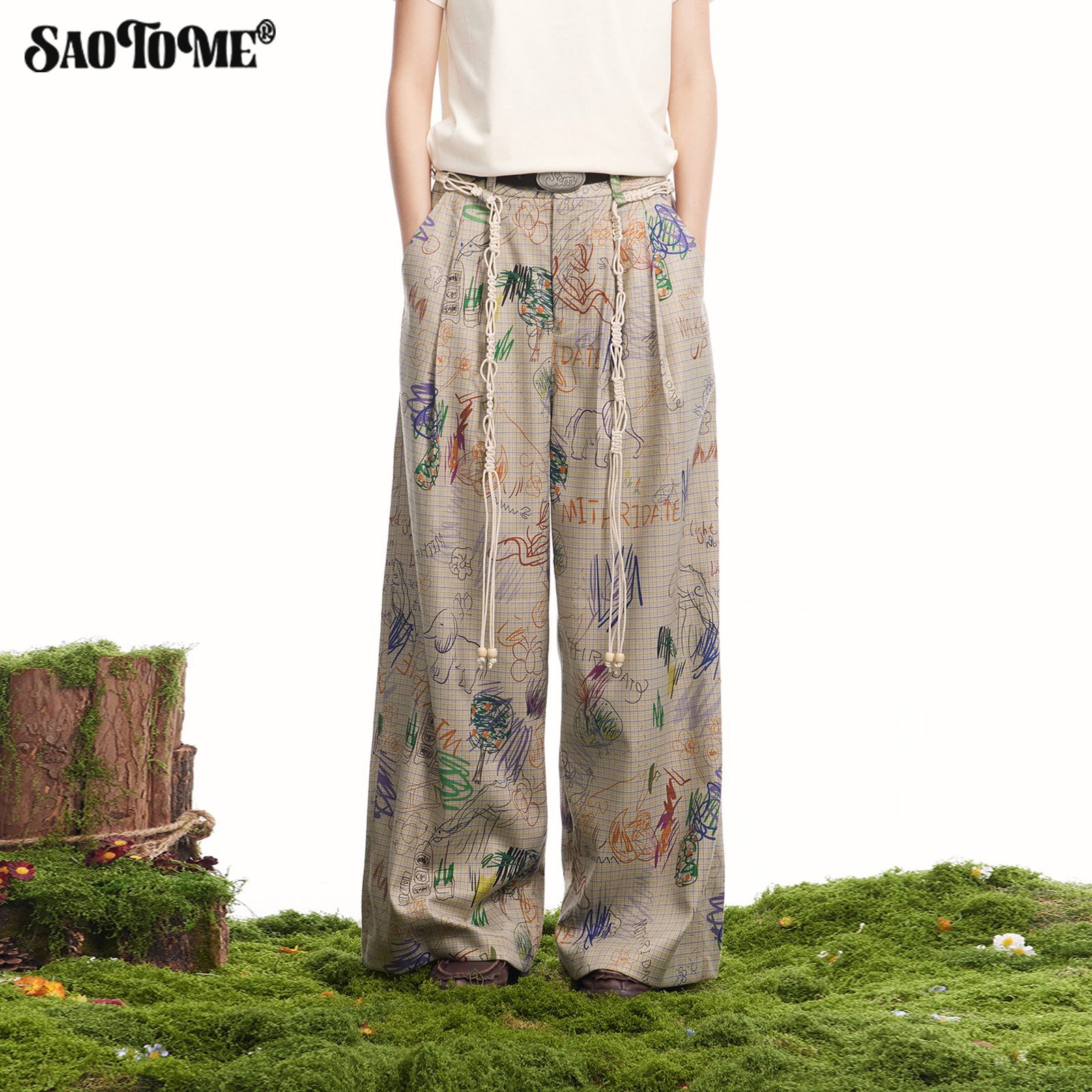 早乙女惠子saotome 日系复古宽松涂鸦格子系带绳弯刀西装裤1015