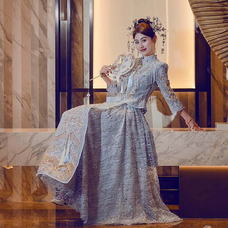 浅色喷钻网纱秀禾服新娘结婚服装2025新款中式礼服敬酒服出阁服女