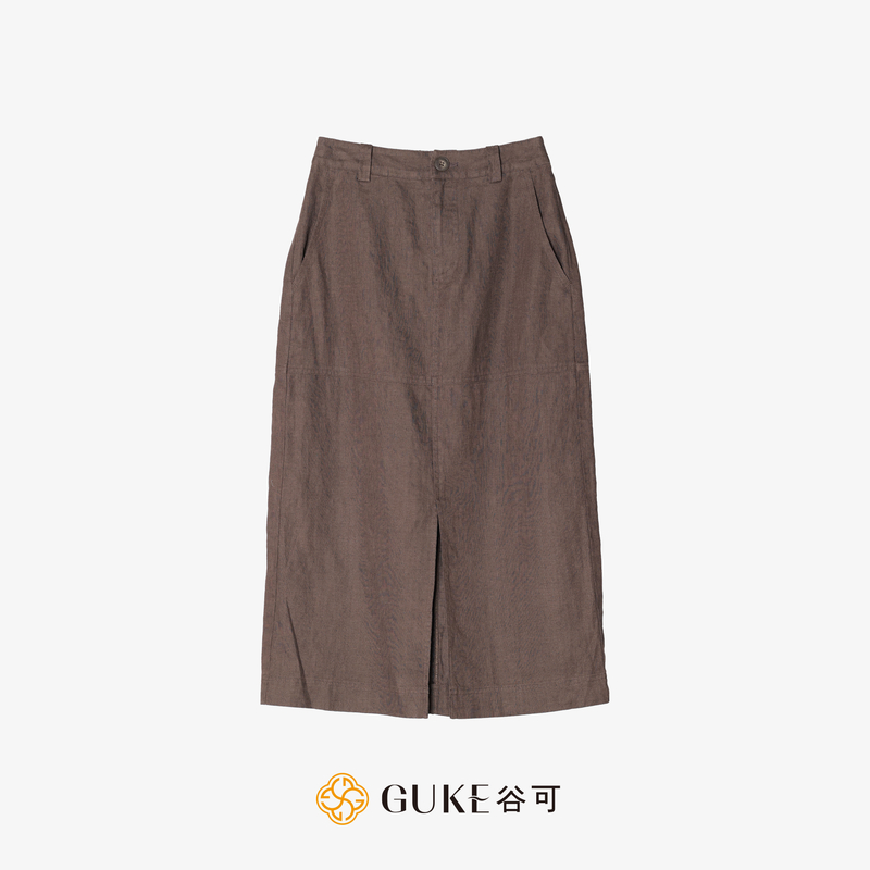 GKE/谷可Q5053亚麻直筒半身裙2025新款夏季高腰显瘦中长款A字半裙