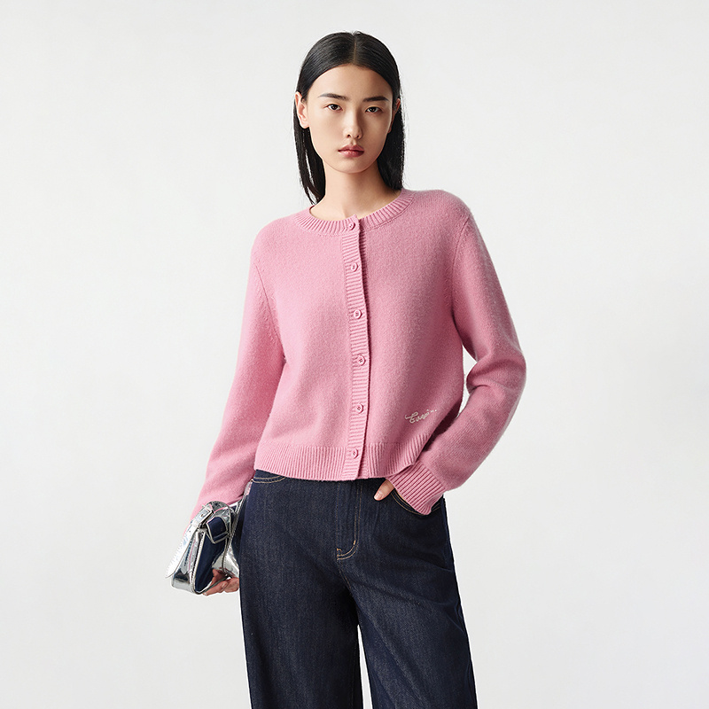 【羊毛】LANCY/朗姿2025年冬新款气质优雅开衫女圆领短款针织衫LC