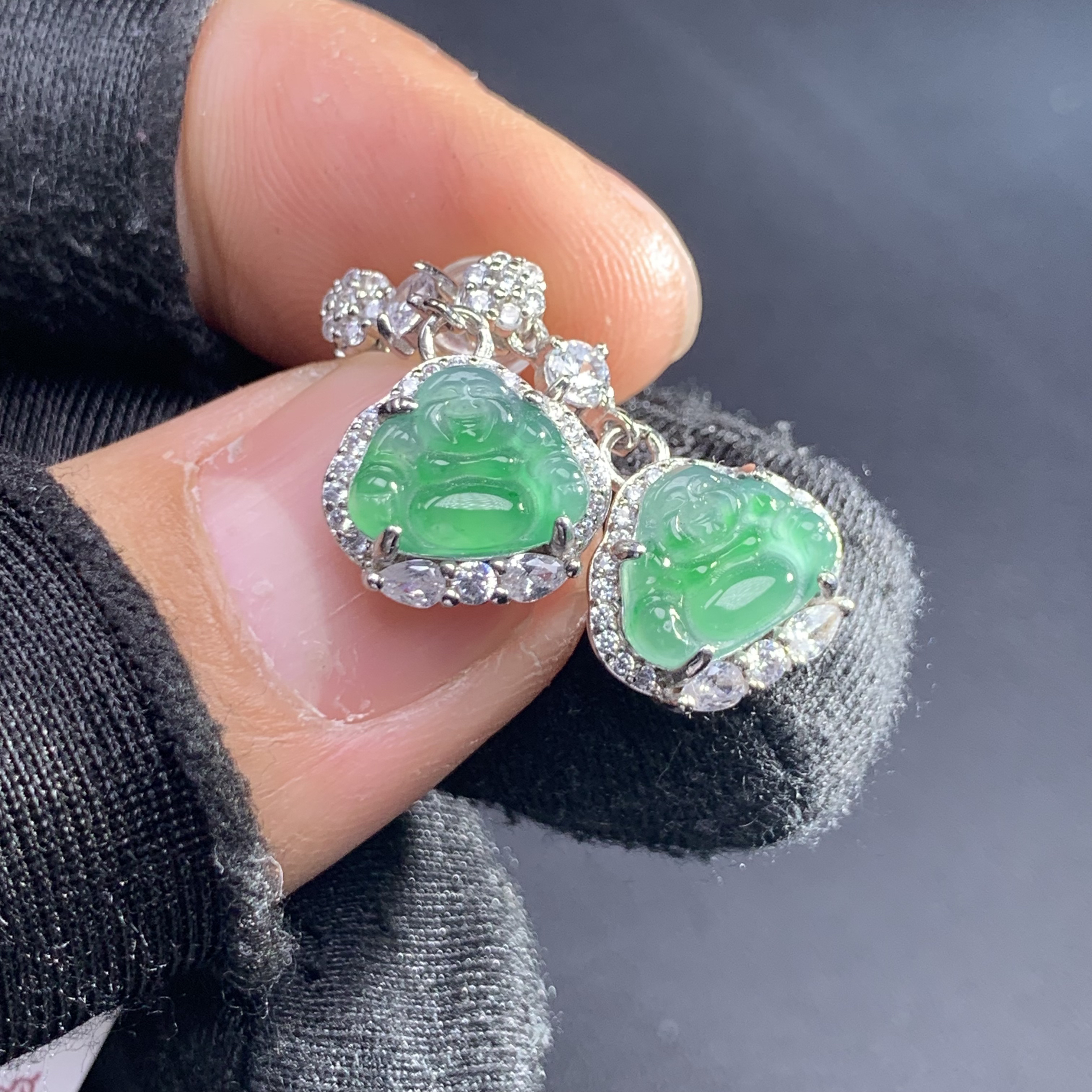 天然A货翡翠S925银镶佛公耳坠923602女款13.1*12.1*5.3多样性发货