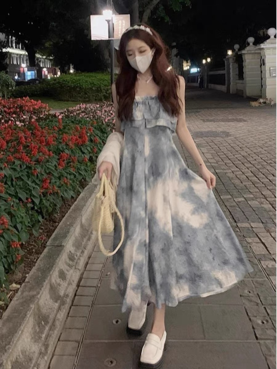 R2395晕染吊带连衣裙女夏季2025新款复古收腰显瘦中长款裙子套装