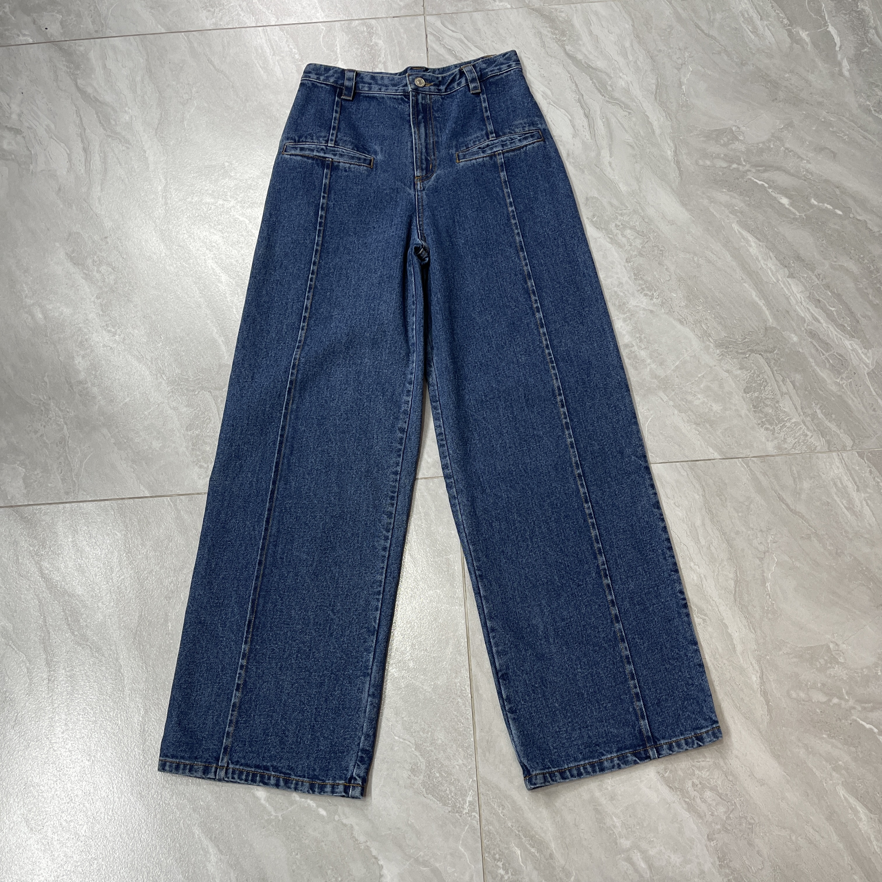 复古线条感拼接阔腿牛仔裤10171