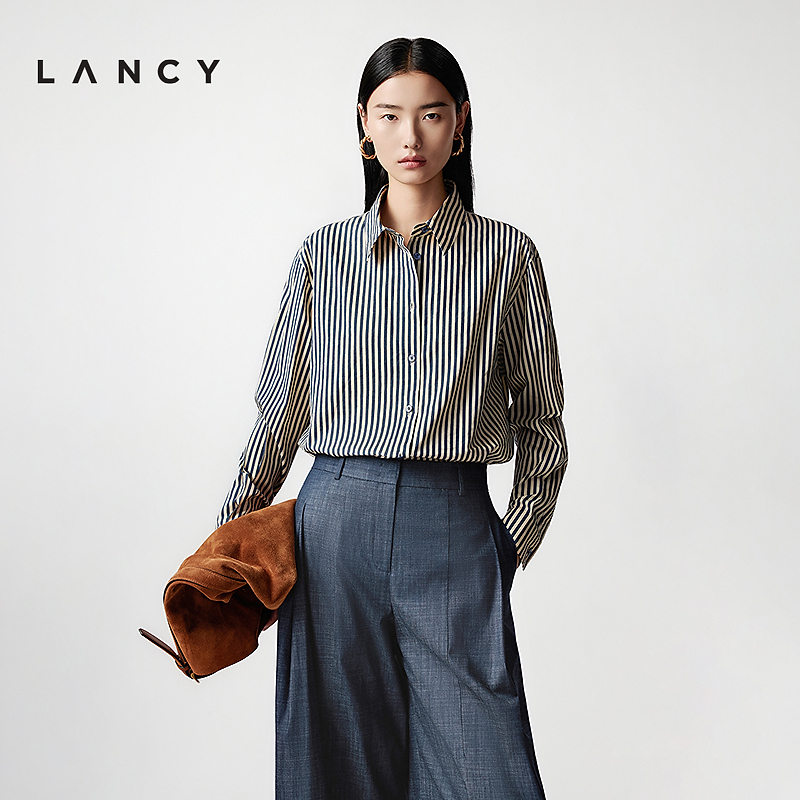 LANCY/朗姿2025年秋新款通勤气质撞色竖条纹长袖衬衫女高级感上衣