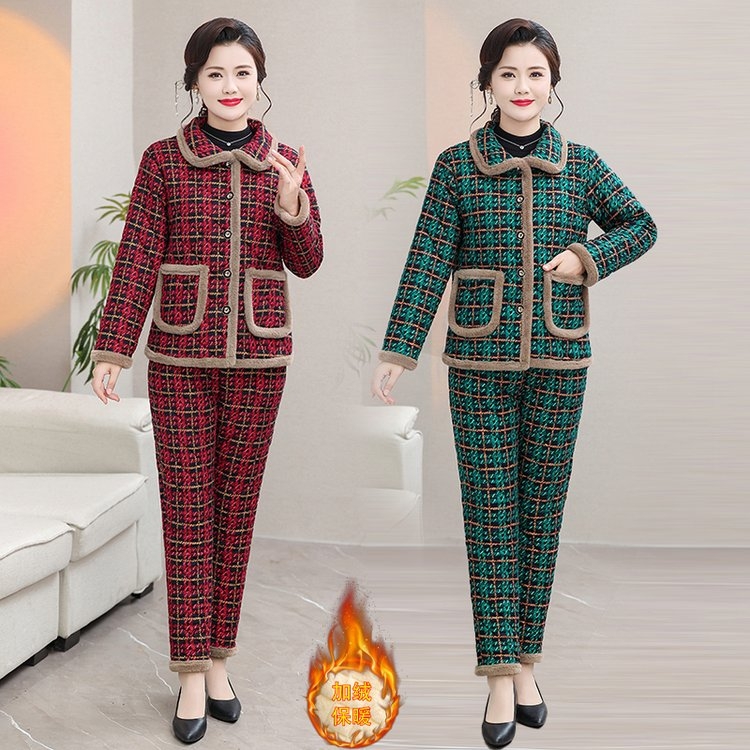 妈妈加绒加厚棉袄冬季套装新款保暖棉服中老年女装棉衣棉裤两件套
