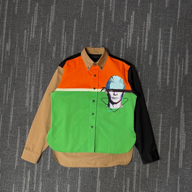 99新 Prada/普拉达 SS23 人物尖领拼色纽扣长袖衬衫/M码