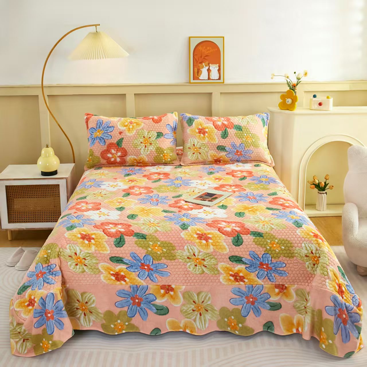 2025爆款牛奶绒床盖三件套亲肤双面棉可机洗水洗四季花边双面床盖