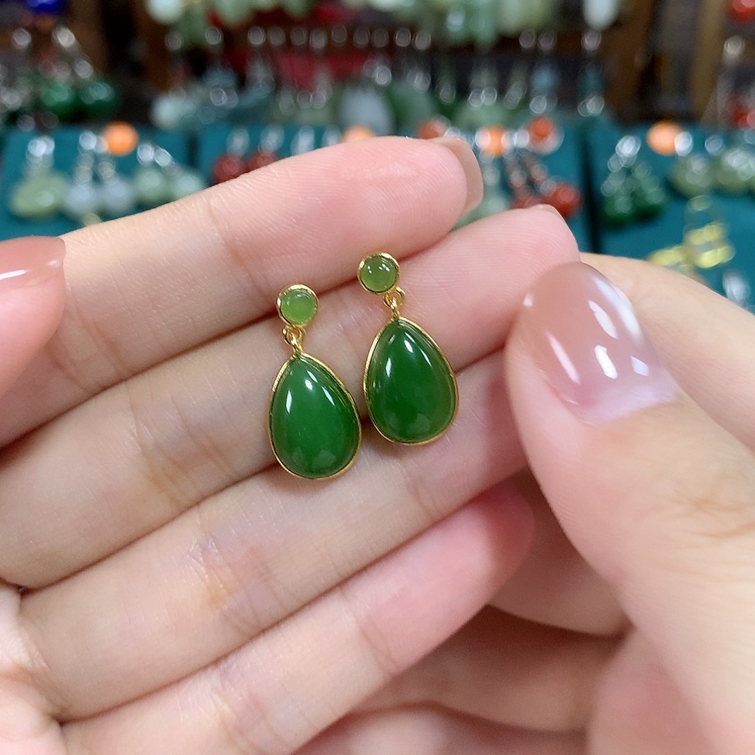 和田玉（碧玉）银S925镶嵌耳饰水滴
