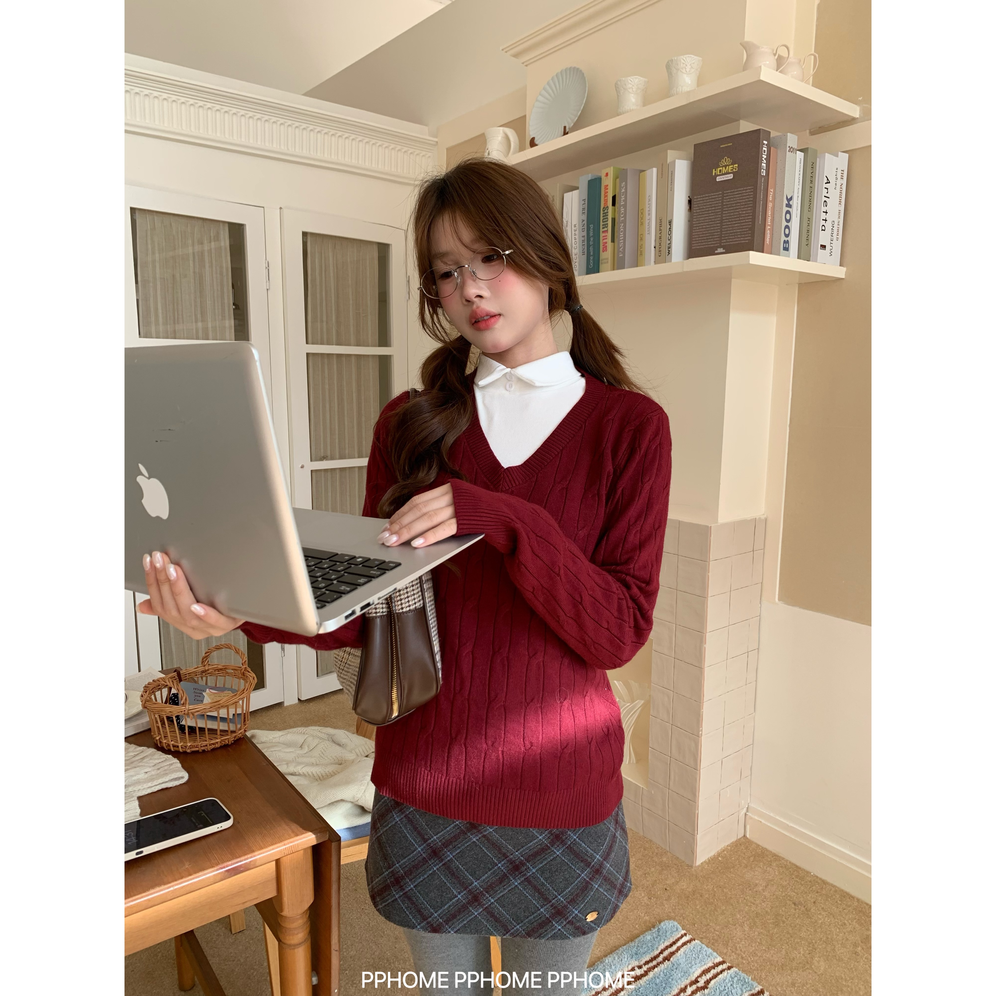 有点甜~miu系高材生 麻花v领针织衫内搭修身显瘦2025秋冬内搭毛衣