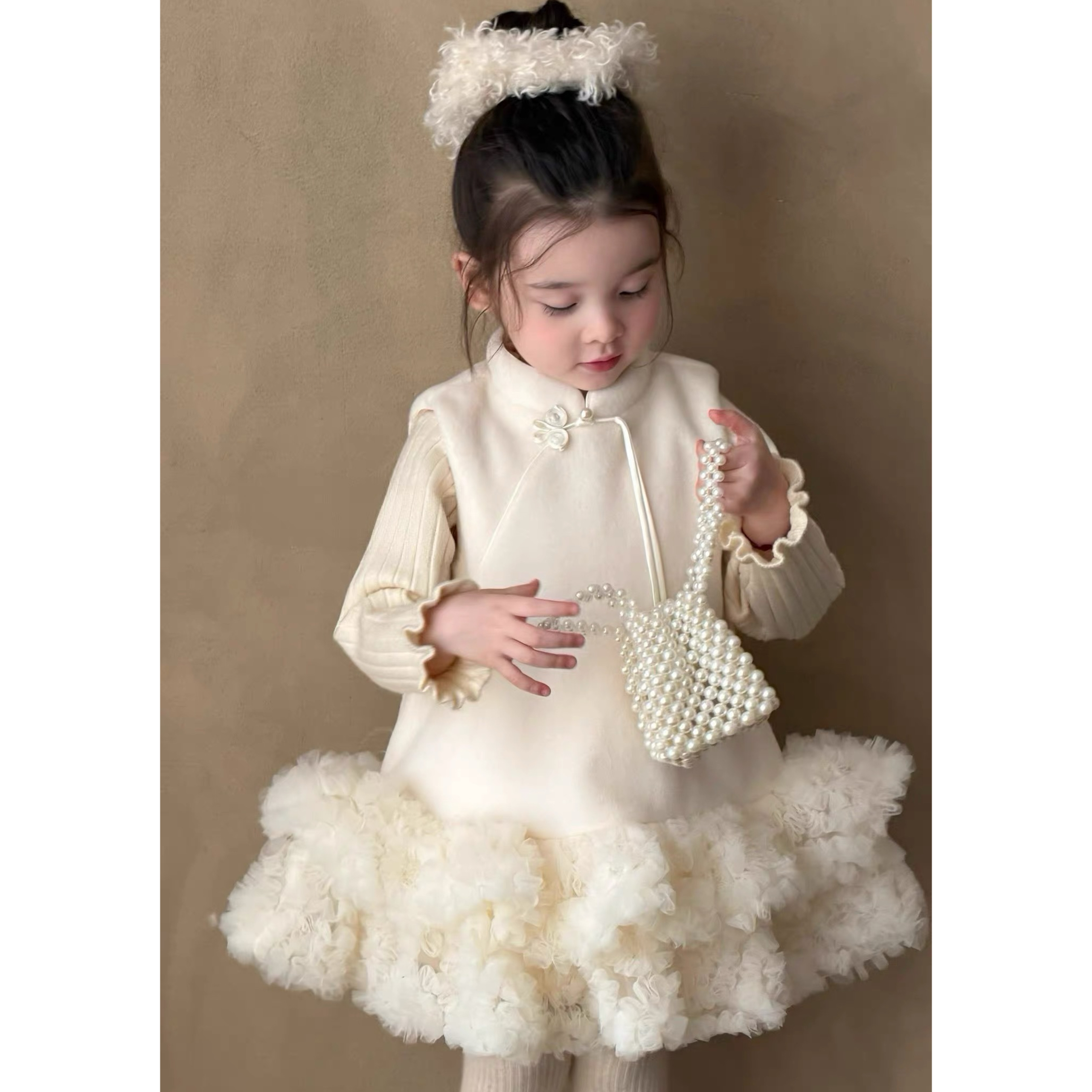 女童新款2025冬新中式女宝宝中国风盘扣洋气背心加绒旗袍蓬蓬裙