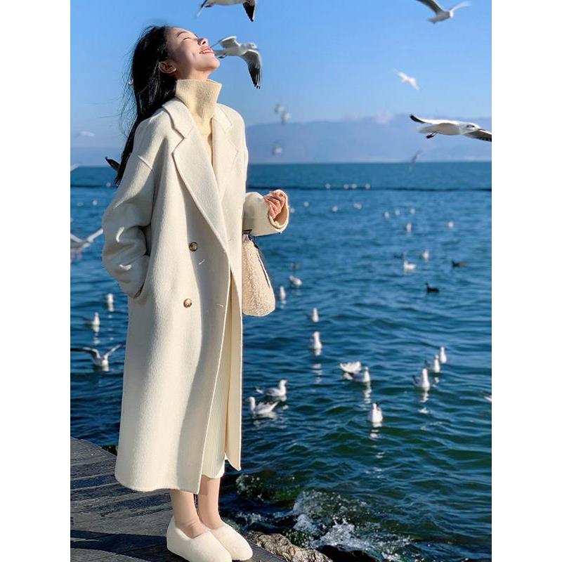 燕麦色双面羊绒大衣女2025秋冬新款高级感中长款小个子毛呢外套