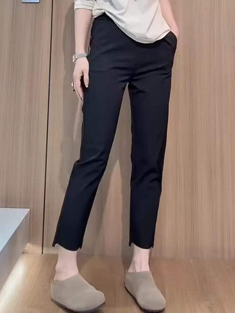 黑色直筒休闲裤女春秋大码胖mm高腰弹力西装裤宽松显瘦九分烟管裤