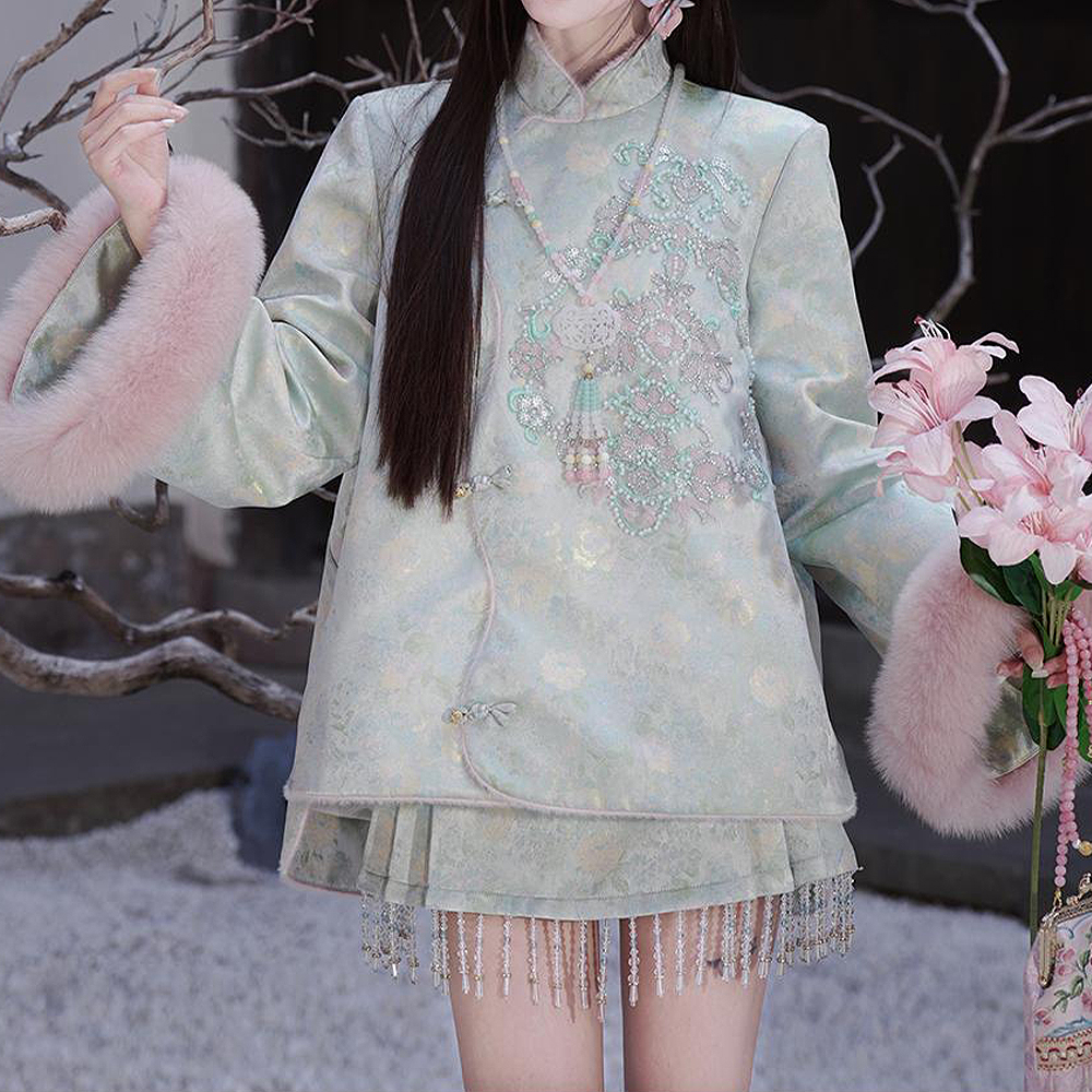 【浮翠记】冬季气质新中式90白鸭绒羽绒服裙裤