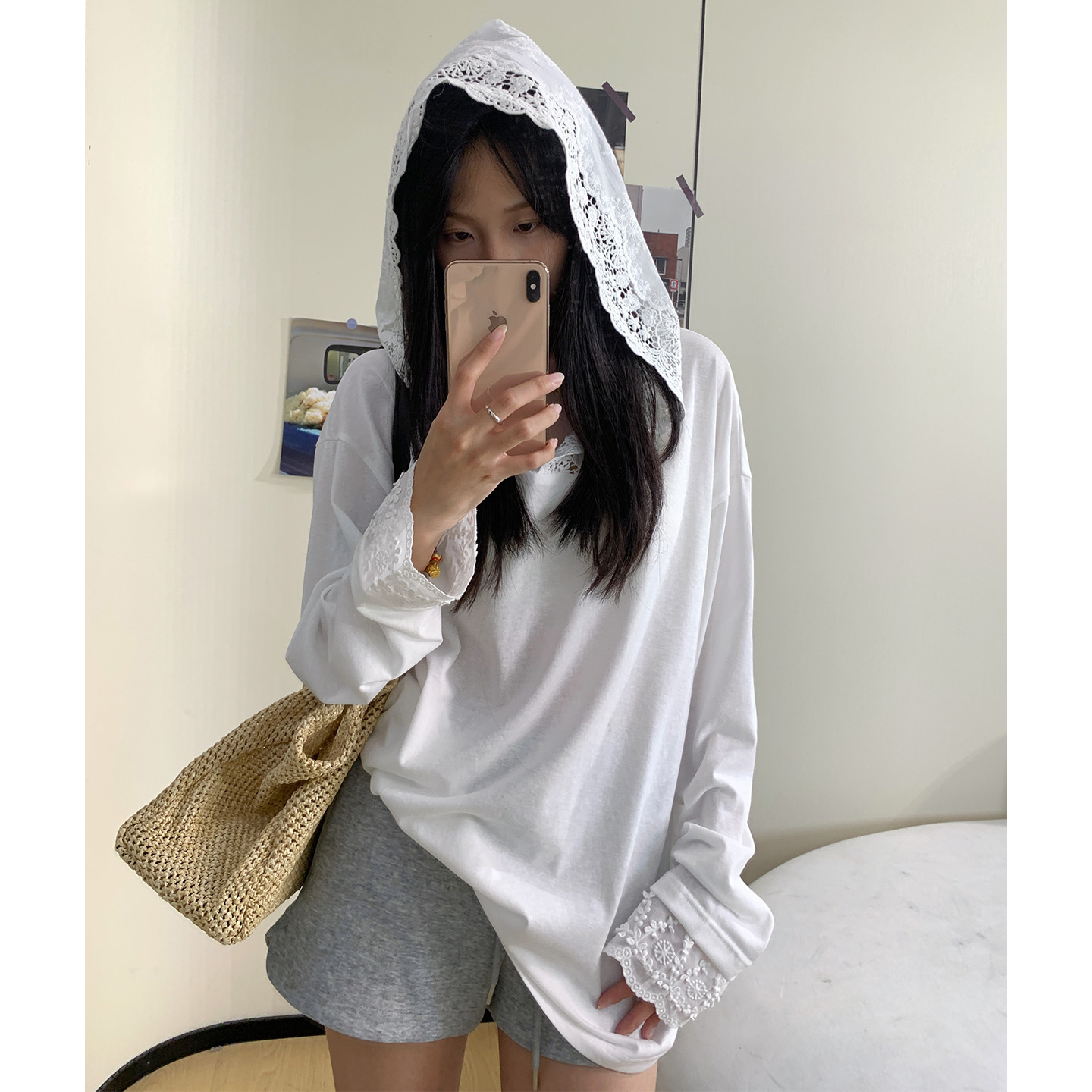 重工钩花蕾丝拼接连帽T恤女休闲宽松显瘦百搭薄款防晒上衣夏
