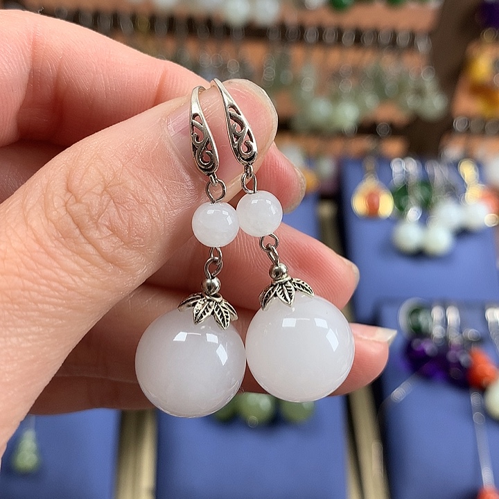 石英质玉（金丝玉）耳环银S925镶嵌14左右