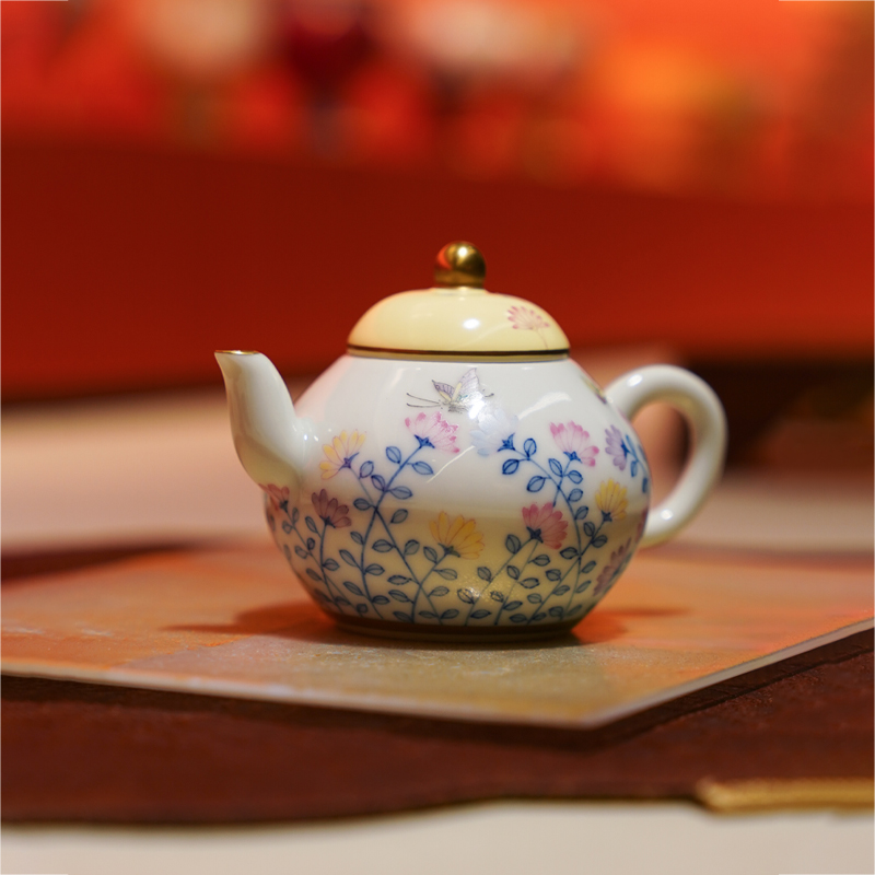 华隐堂 【松花黄】蝶恋花壶  茶具中式茶道手作纯手工陶瓷