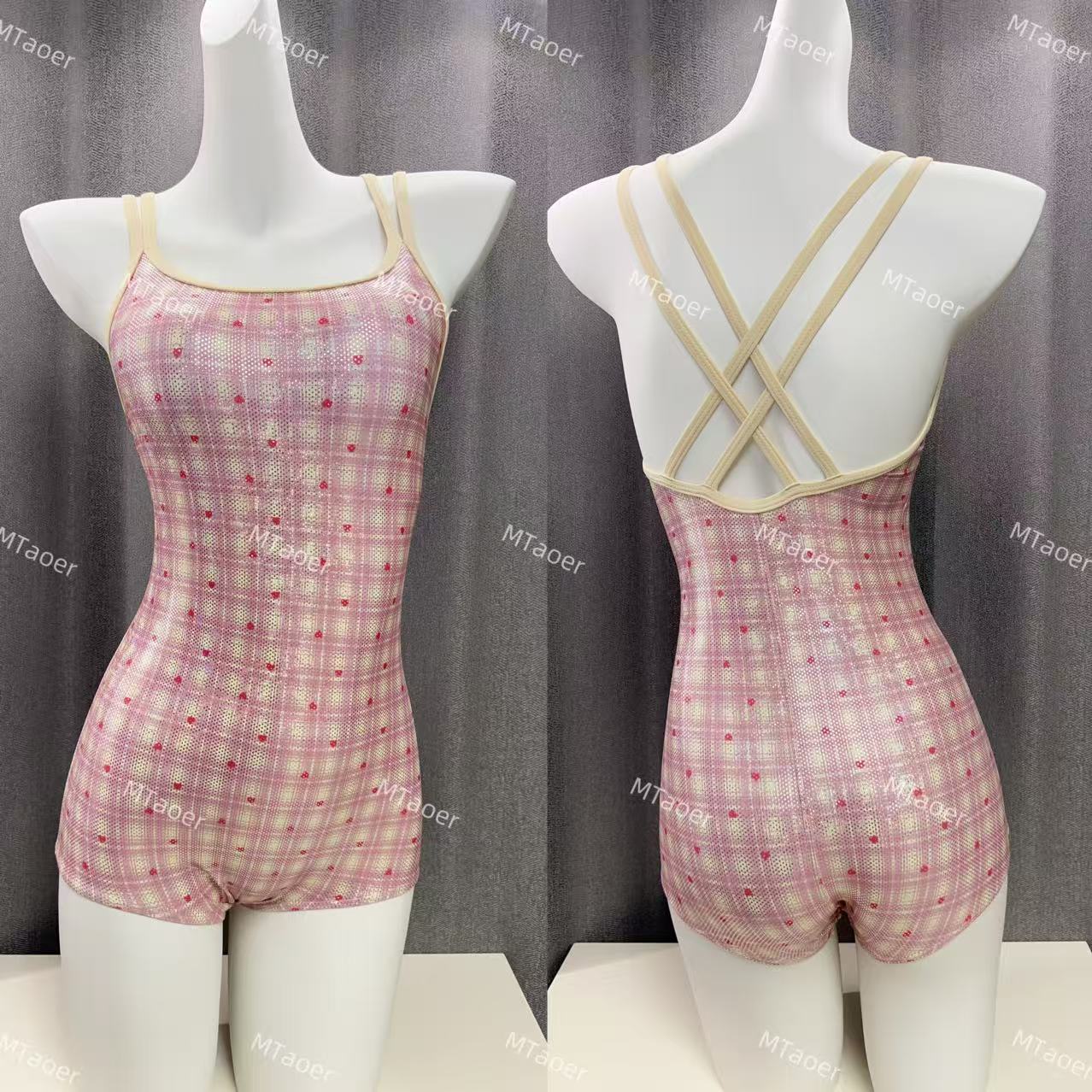 MTaoer【微平角/甜心】粉色连身女款泳衣竞速专用绝美保守显瘦遮肉