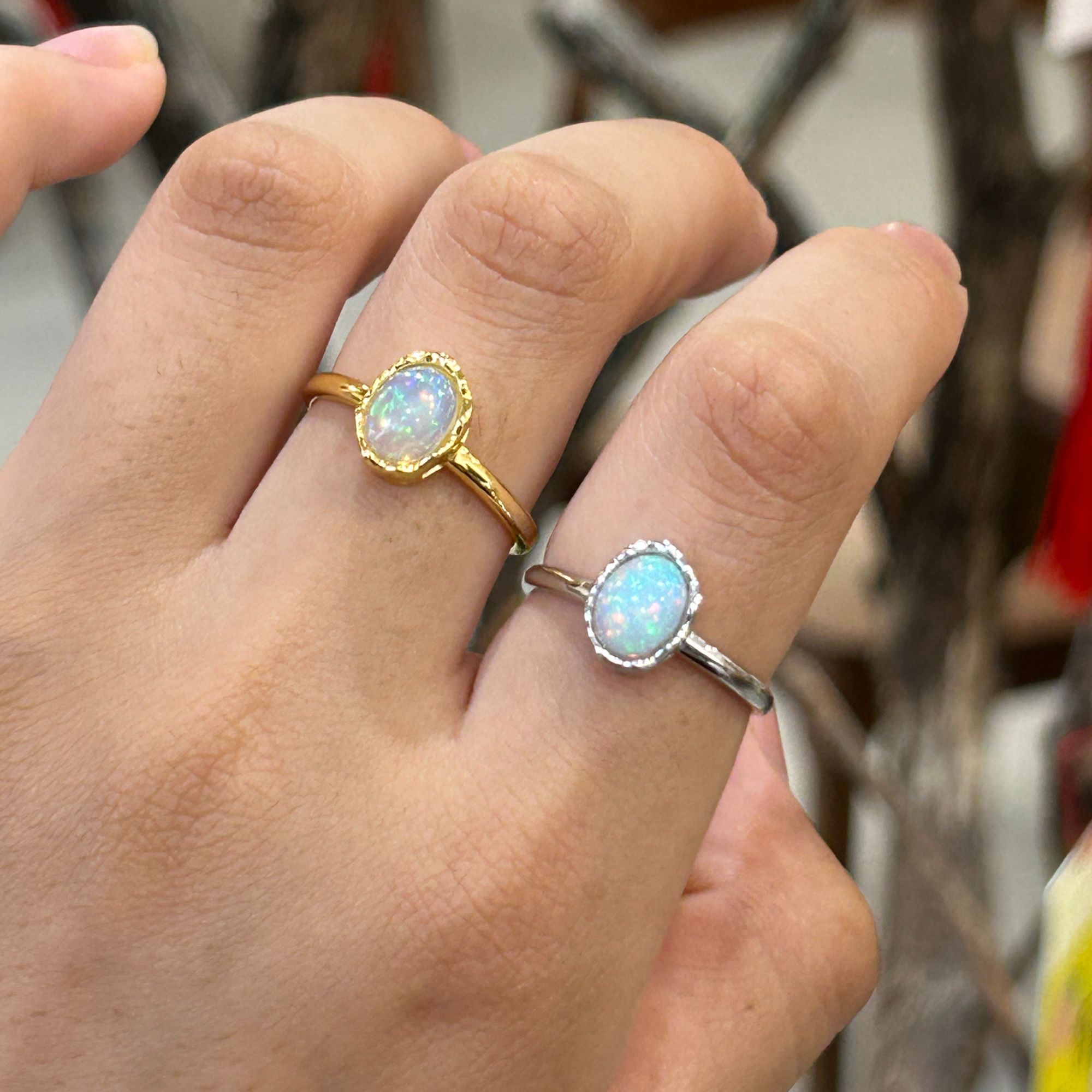 天然欧泊宝石戒指S925银液态包边极简风简单款男女情侣活口可调节