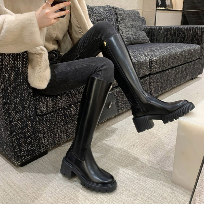 长靴女2025秋冬新款小个子厚底侧拉链加绒高筒靴粗跟骑士靴女