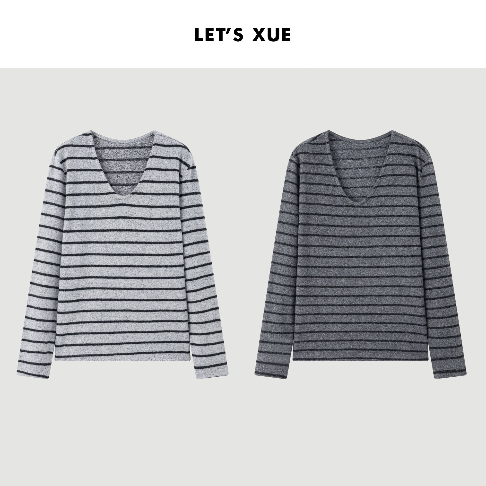 XUE【U领条纹T】条纹有弹保暖打底长袖上衣