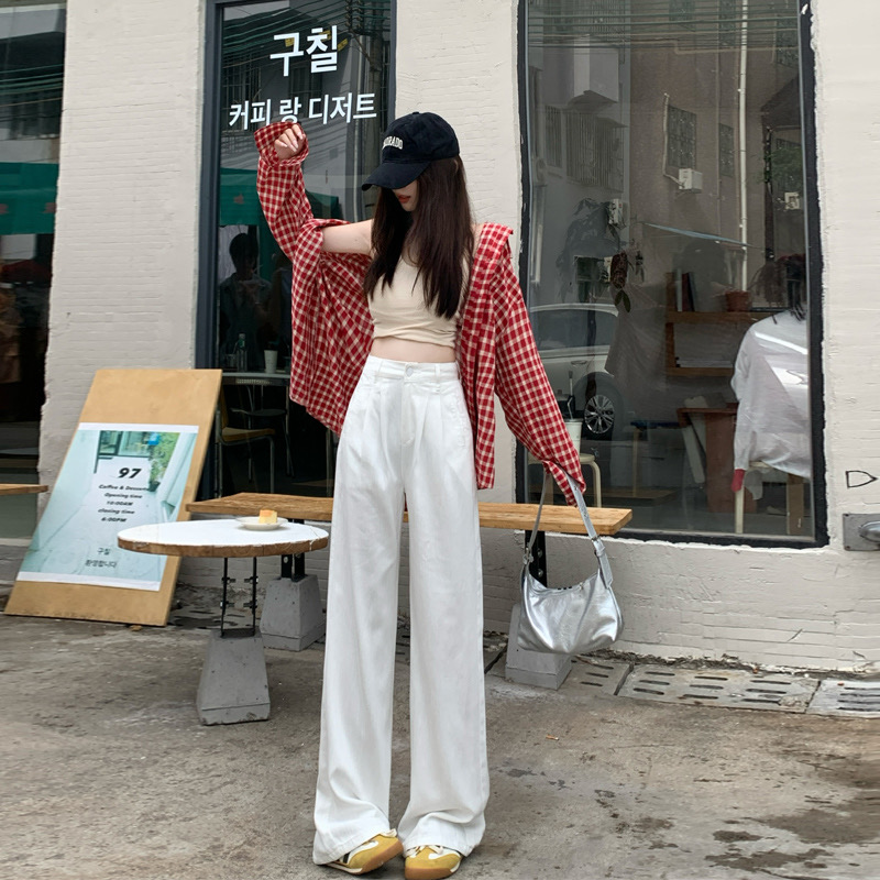 【送腰带】春夏新款白色褶皱牛仔裤女装高腰百搭宽松显瘦直筒阔腿裤