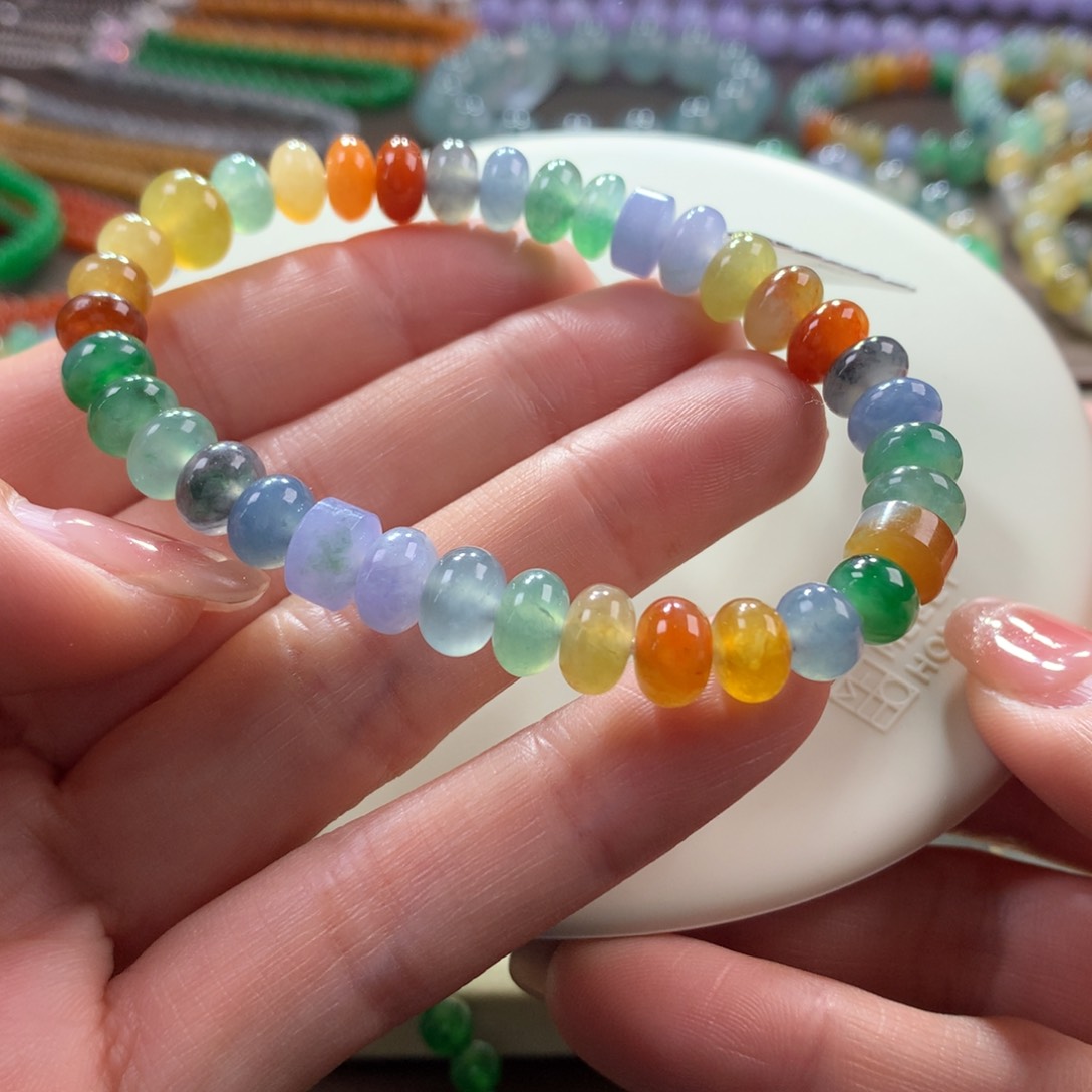 翡翠手链未镶嵌浓艳彩多宝鼓珠卡6.5-8