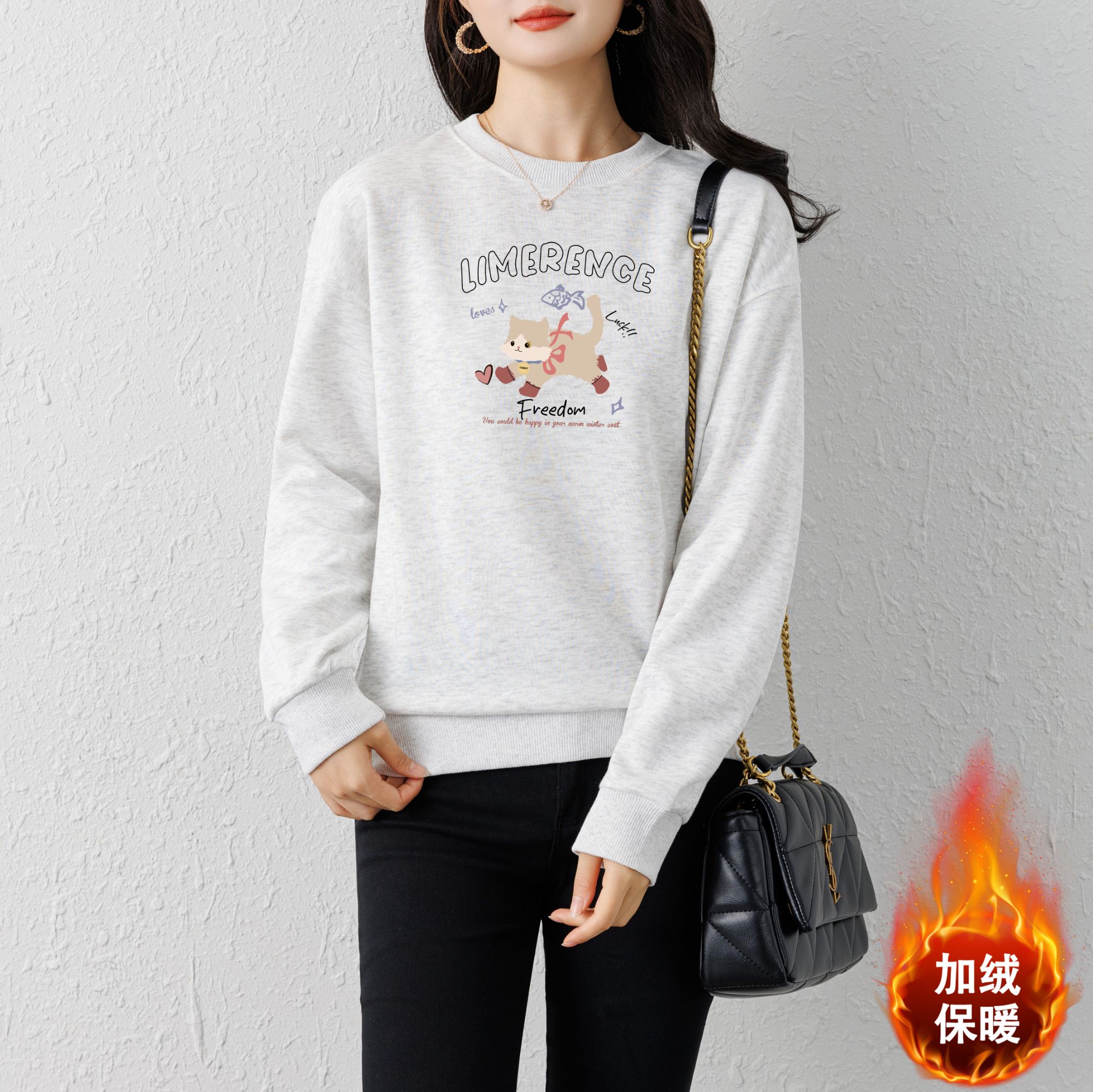 女生加绒加厚款冬季卫衣直筒型薄款圆领
