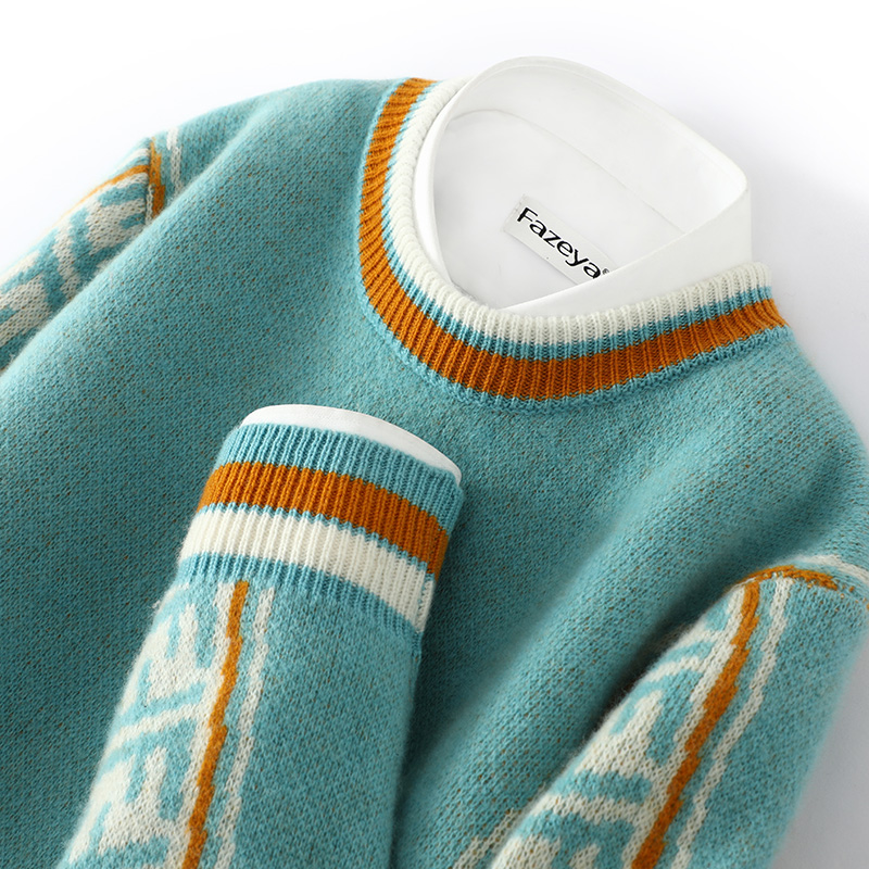 不同风格随意切换！羊绒衫男圆领宽松拼色提花加厚毛衣打底针织衫