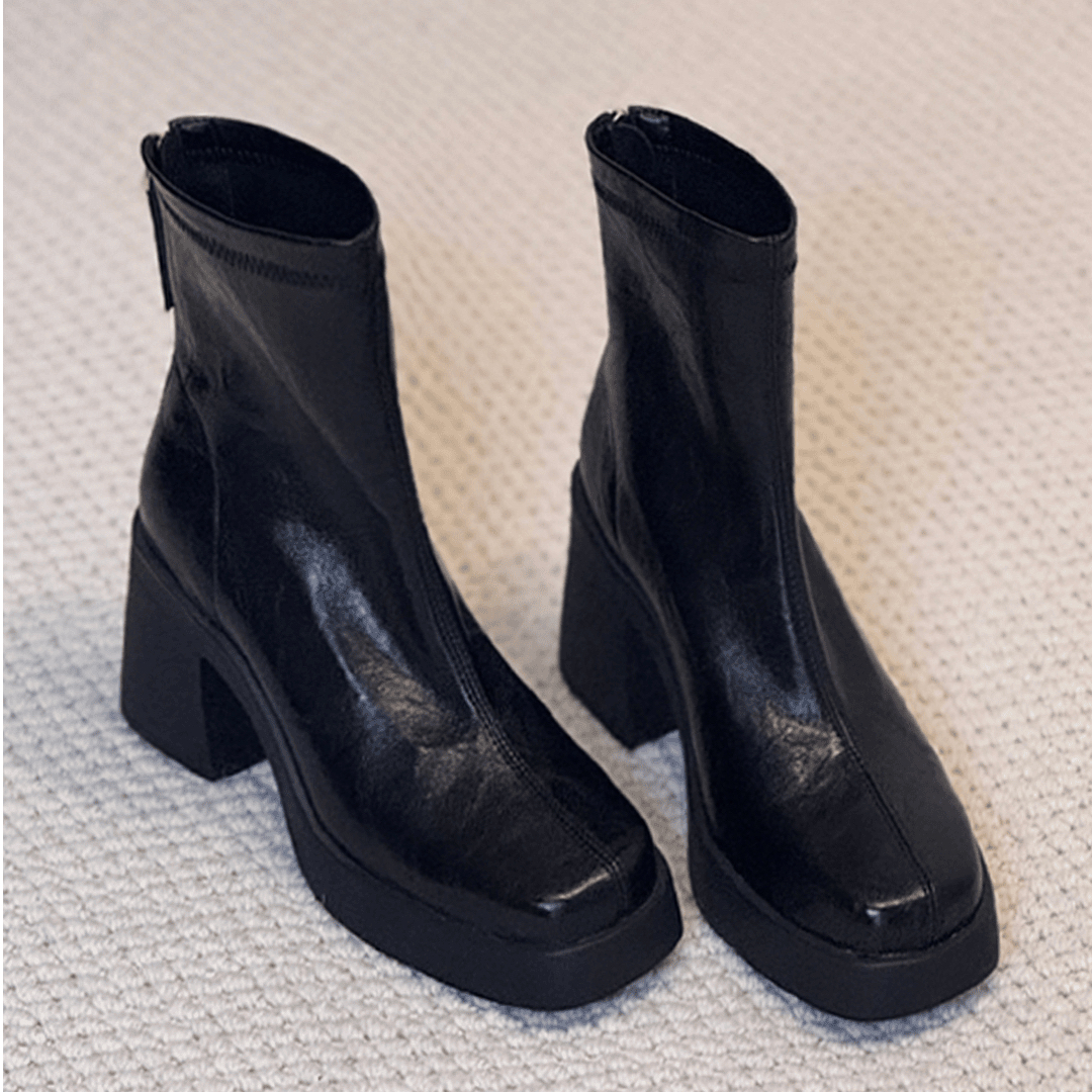 羊皮版~增高厚底短靴女小个子高跟鞋粗跟马丁靴子法式方头瘦瘦靴