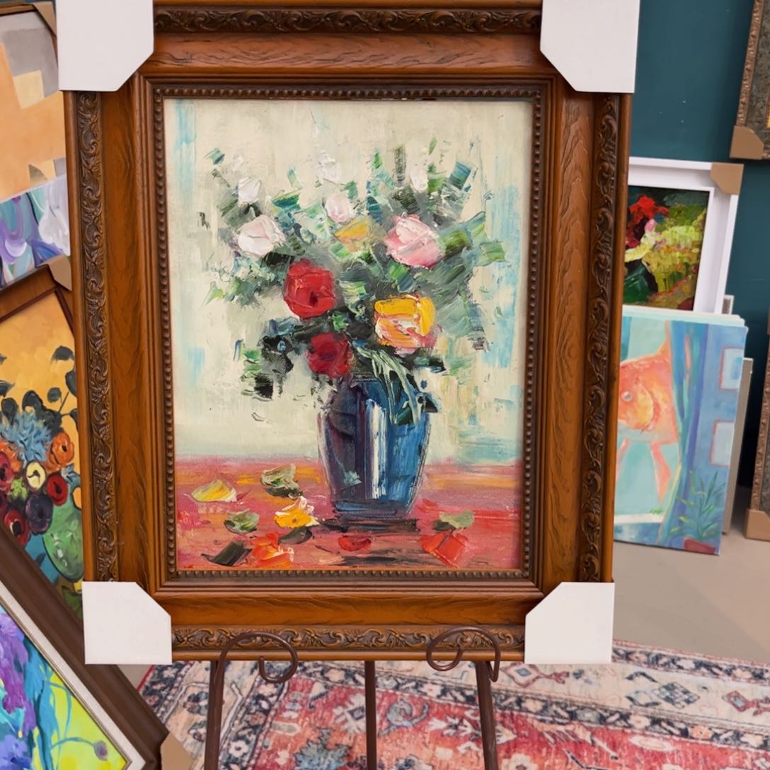 油画花卉带实木框45×55