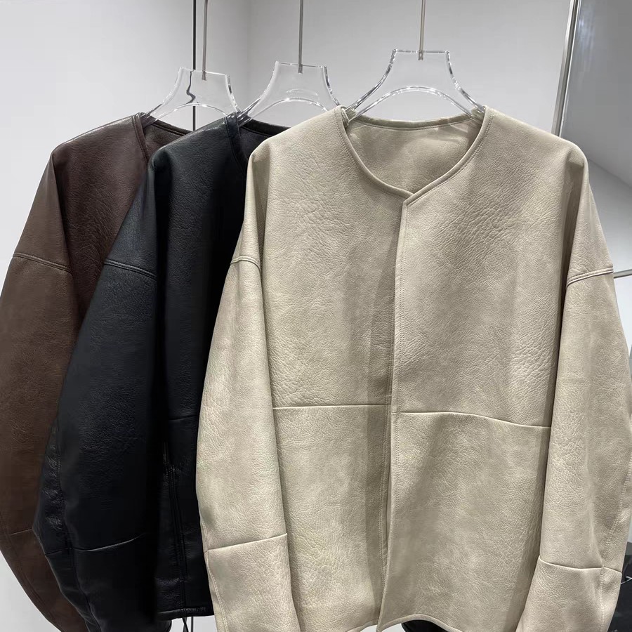 秋季街头风中长款圆领宽松型皮衣双面简约时尚