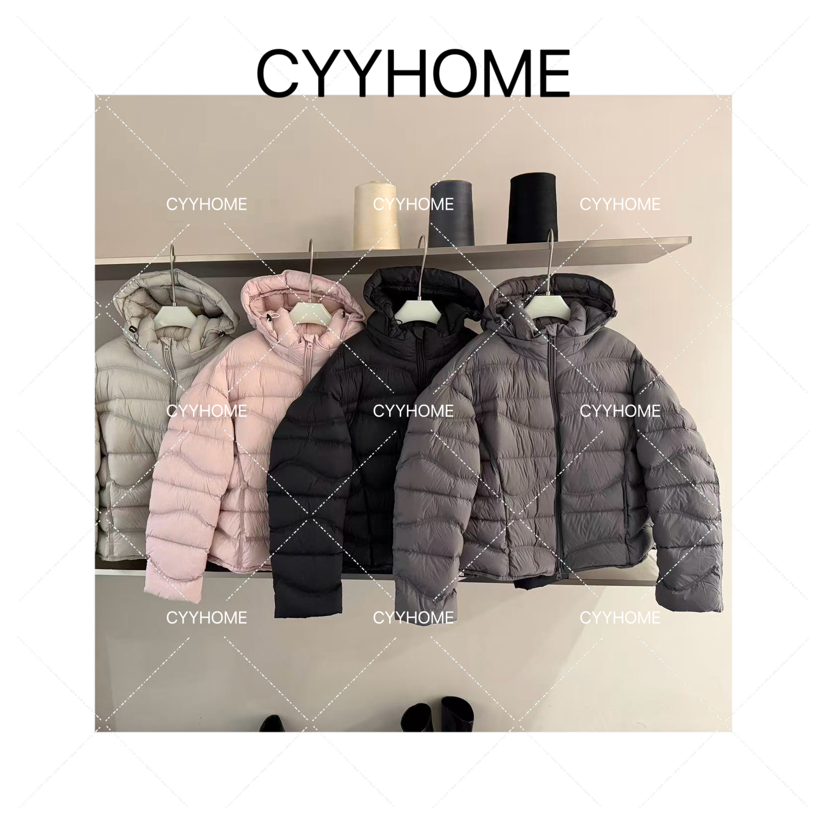 CYYHOME肯豆弯刀袖波浪纹短款连帽羽绒服
