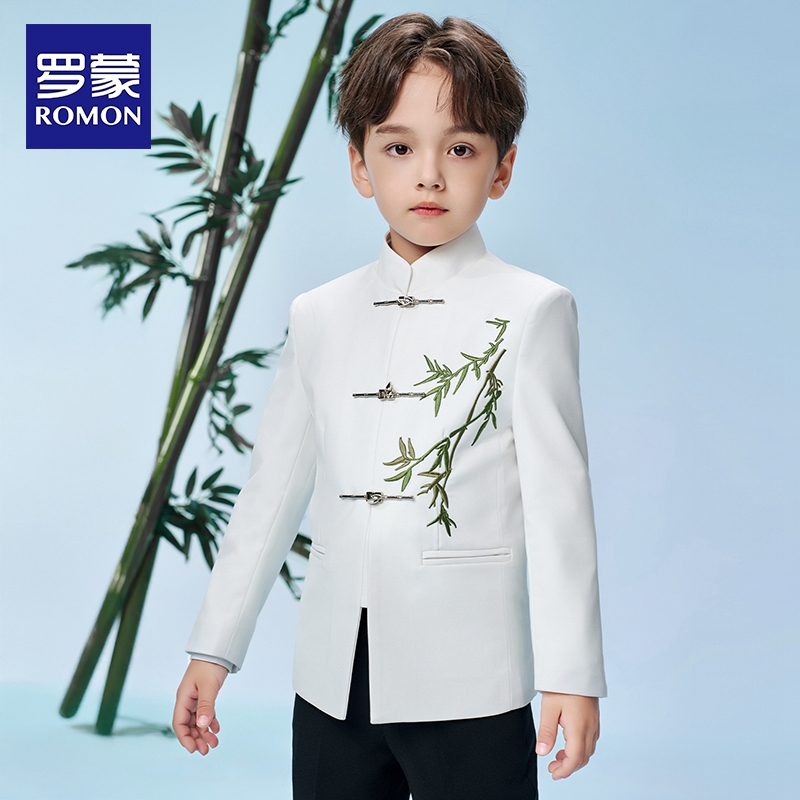 罗蒙儿童西装套装男童白色中山装国风男孩演出服主持人礼服西服