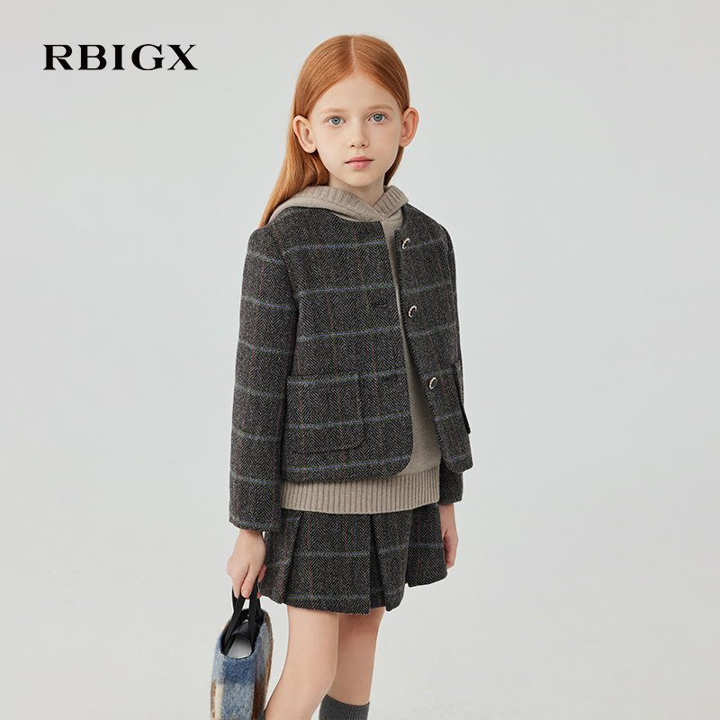 RBIGX瑞比克童装冬季新款复古格子羊毛呢外套保暖学院WT4DR2828