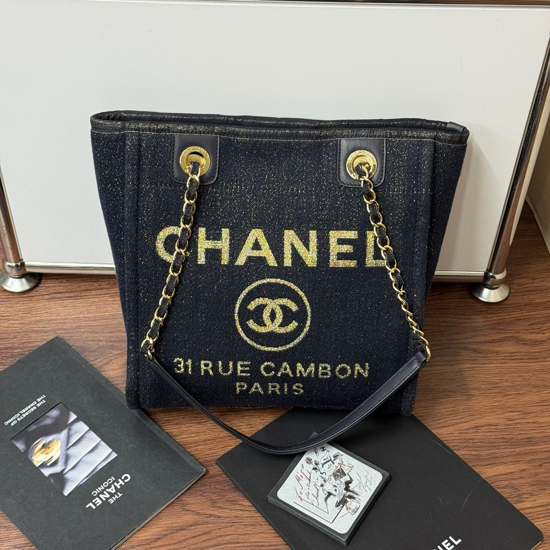 95新 Chanel/香奈儿 海军蓝 金扣 埃及系列沙滩包小号/665757943