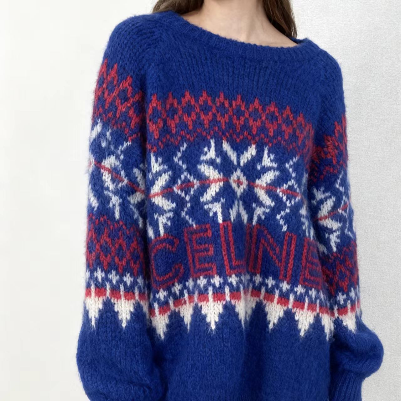 99新 Celine/思琳 雪花复古蓝毛衣 XL 2AA80628S 12523580