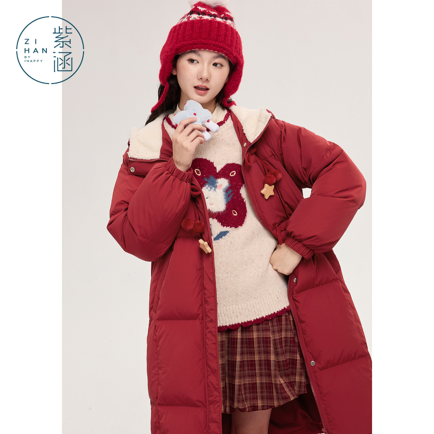 紫涵长款毛绒兔耳连帽羽绒服女2025年冬季新款鸭绒外套Z5Z12AS553