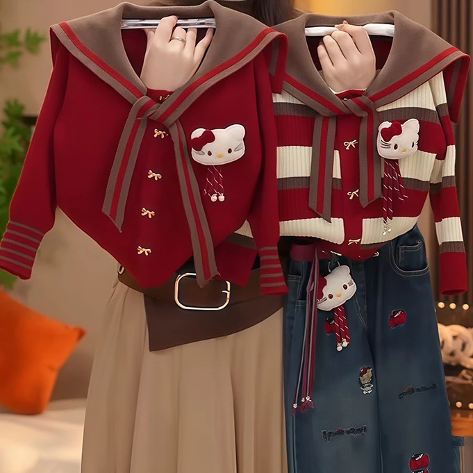 女童秋装2025春秋新款条纹针织毛衣国庆红色海军领毛线外套开衫潮