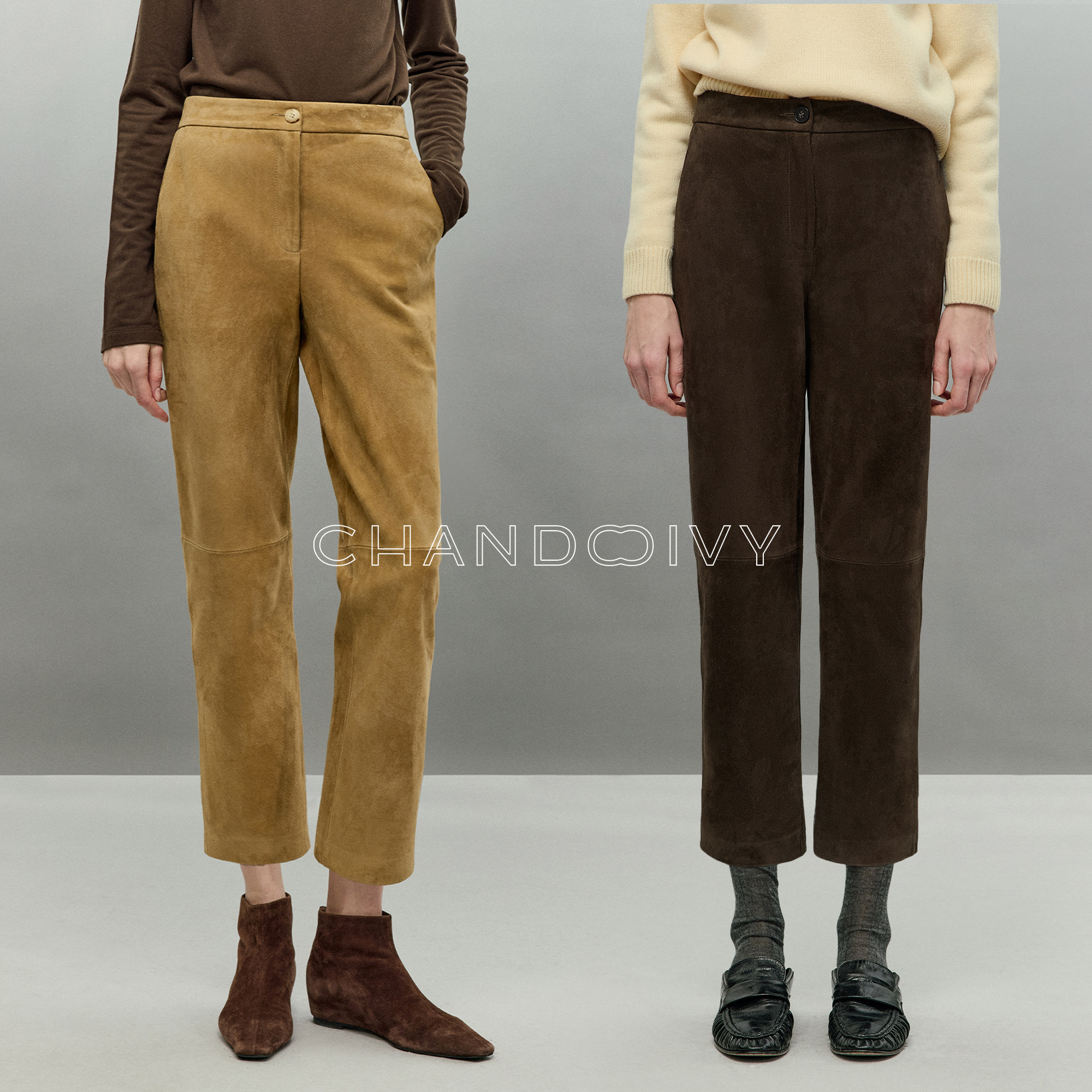 CHANDOOIVY进口羊反绒麂皮复古老钱松紧高腰简约分割线显瘦八分裤