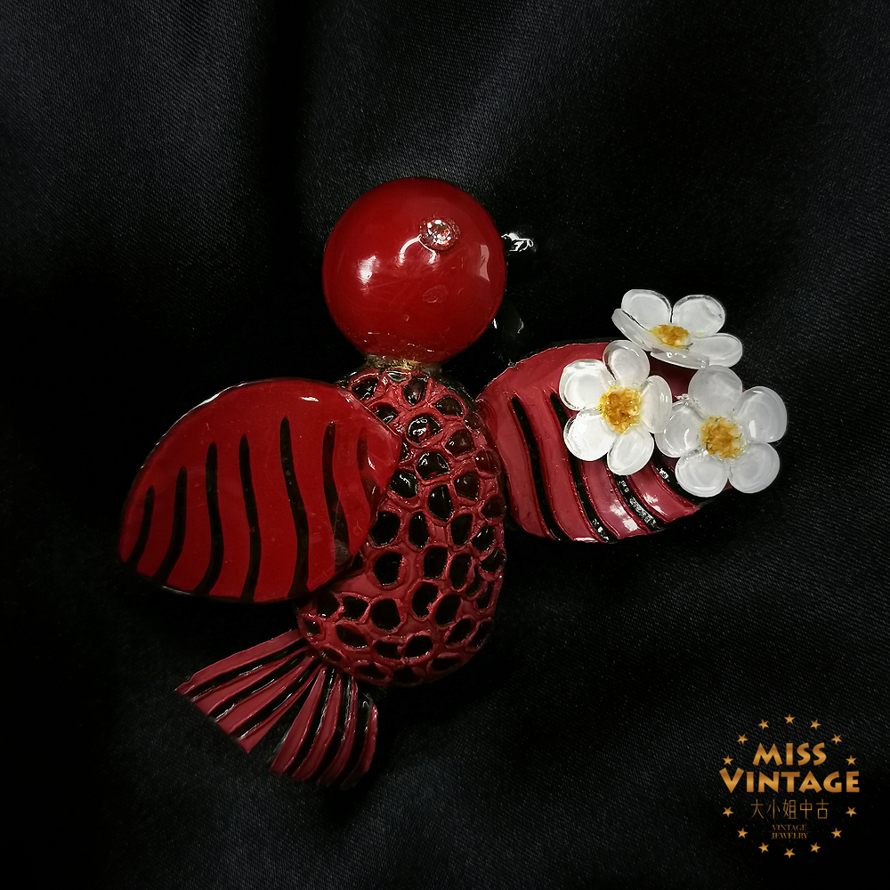 法国cilea Paris手工定制花朵小鸟红衣胸针[5501121-026]