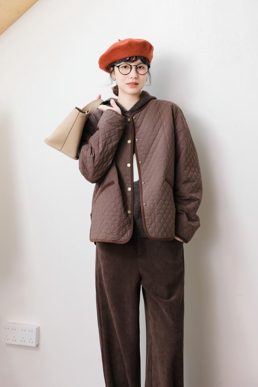 柚丁圆领短款常规袖宽松型长袖女棉服百搭外套外穿菱格9A51E26930