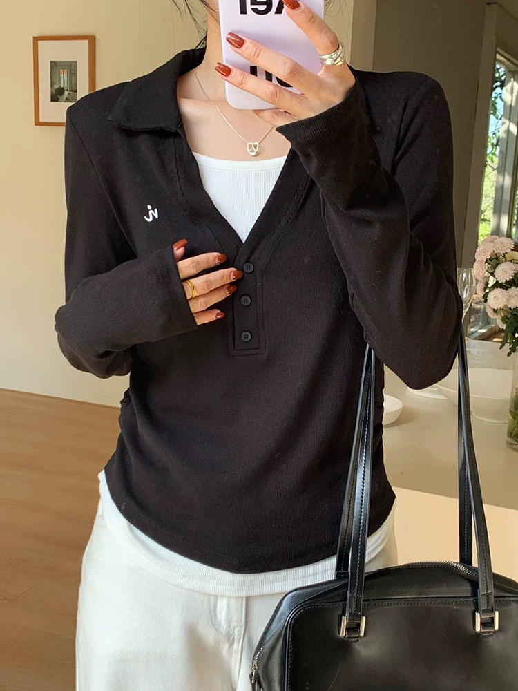 美美推荐伊歌莉6011长袖修身翻领假两件针织打底衫