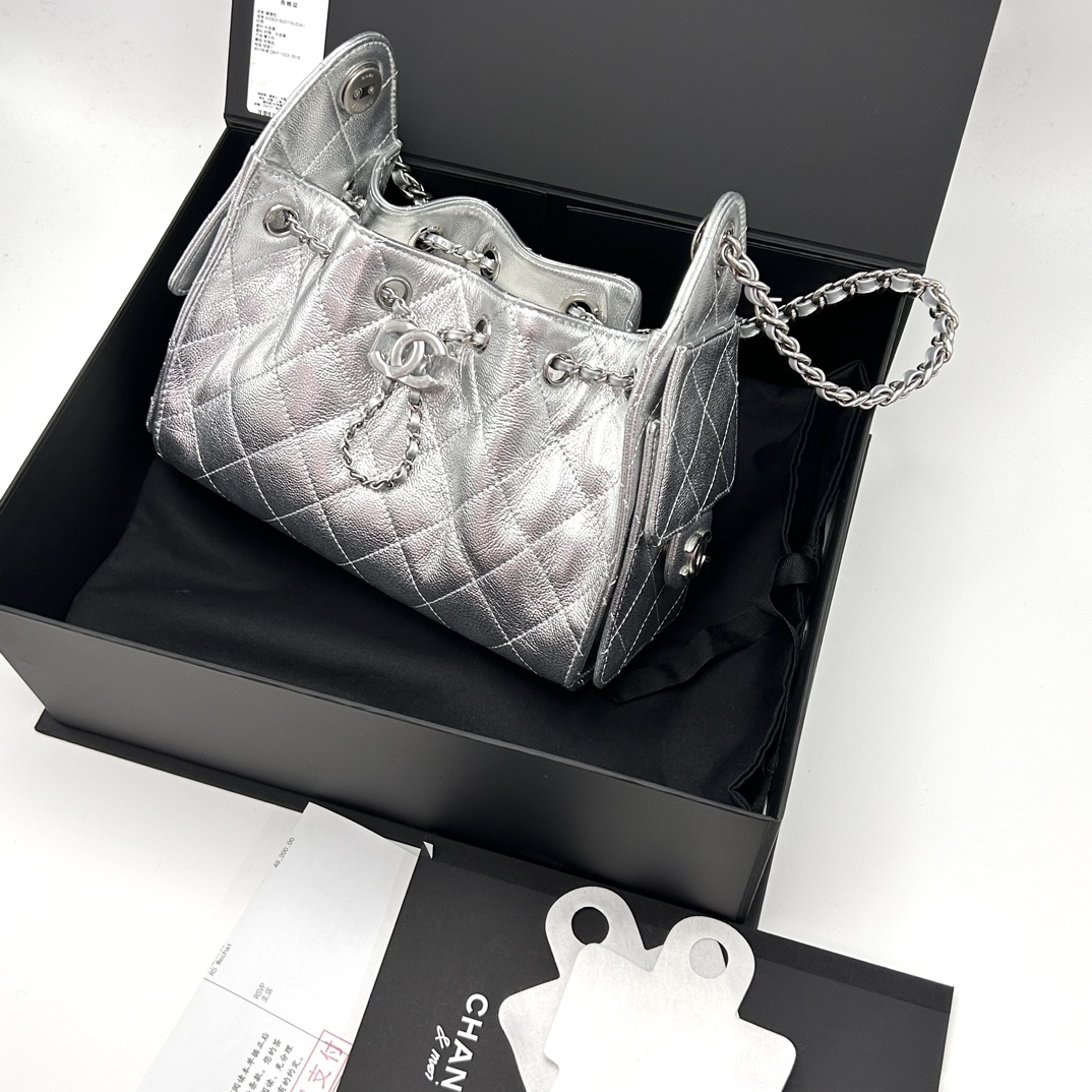 99新 Chanel/香奈儿 银色25bagmini手提单肩包 90226