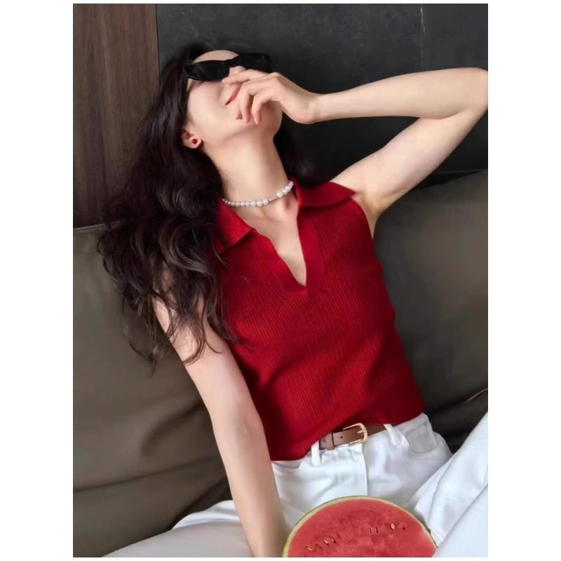 夏季独特轻奢红色翻领小背心女外穿设计感小众甜辣妹绝美无袖上衣